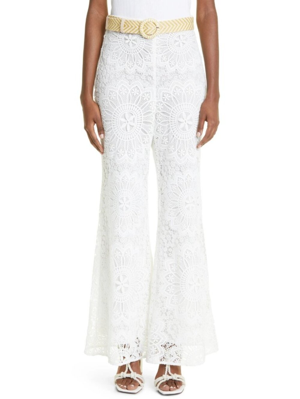 Zimmermann Women's Chintz Doily Lace High Waist Flared Pants Ivory Size 2 / US 8